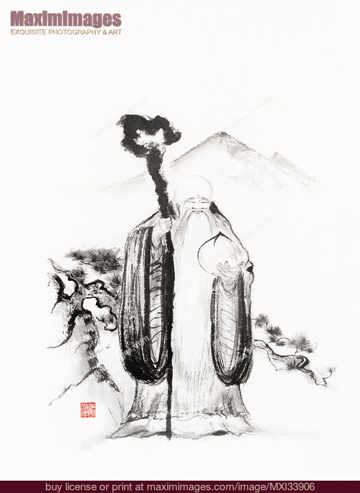Stock image of Sumi-e painting of Shou Chinese God of Longevity with staff and peach or gourd elixir of life and immortality Buy commercial use license at MaximImages
