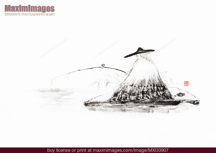Stock image of Fine art sumi-e Zen style painting artwork of an old sage Lao Tzu fishing in a lake Buy commercial use license at MaximImages