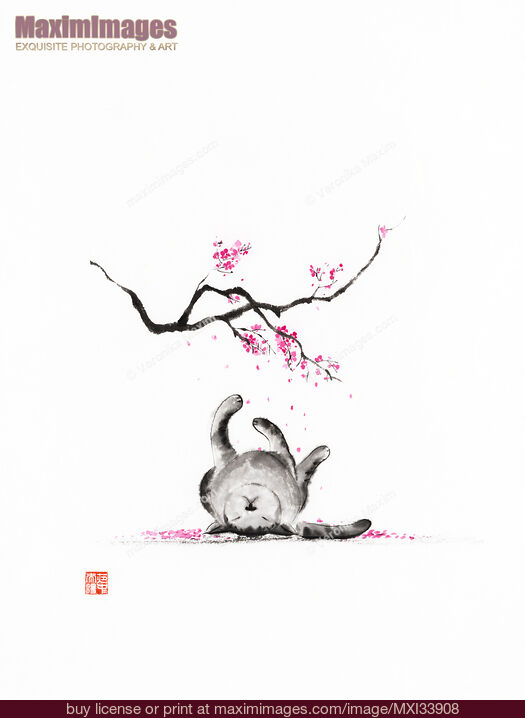Stock image of Fine art sumi-e painting illustration of a cute cat lying asleep under sakura tree blossoms Buy commercial use license at MaximImages