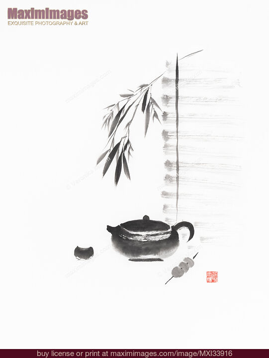 Stock image of Zen style sumi-e ink painting of a teapot with a cup and mochi black on white illustration Buy commercial use license at MaximImages