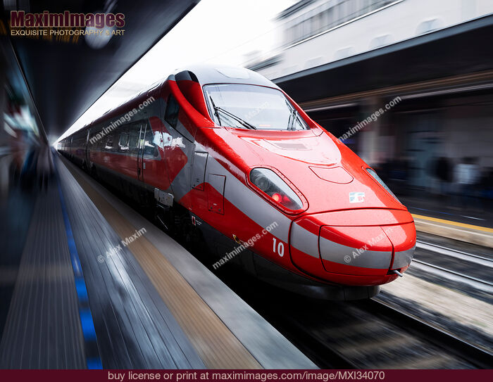 Stock photo of ETR 500 Frecciarossa Italian high-speed red bullet train Buy commercial use license at MaximImages