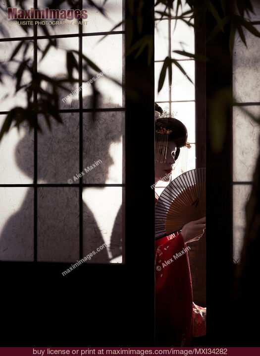 Stock photo of Beautiful caucasian lady geisha with hand fan behind shoji screen of traditional Japanese house in mysterious shadows Buy commercial use license at MaximImages