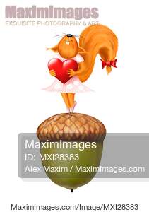 Happy squirrel with heart standing on acorn illustration... preview image