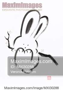 Cute happy bunny swinging on a branch Japanese Zen Sumi-e painting... preview image