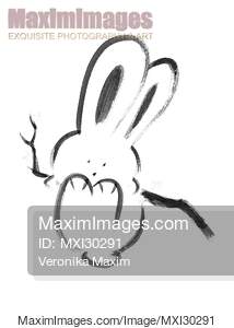 Cute happy bunny rabbit swinging on a branch illustration on white... preview image