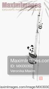 Cute pandas climbing bamboo trees Japanese Zen Sumi-e...... preview image