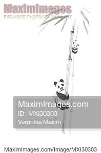 Cute pandas climbing bamboo trees sumi-e painting design...... preview image