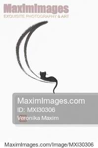 Black cat lying on the waning moon Japanese Zen Sumi-e...... preview image