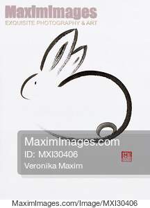 Minimalistic cute bunny Japanese Zen Sumi-e painting on...... preview image