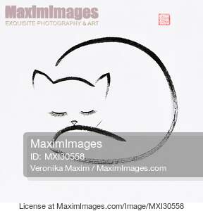 Cute cuddled up sleeping cat Japanese Zen Sumi-e painting...... preview image