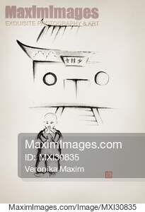Little Shaolin monk in front of the Shaolin temple gate Zen...... preview image