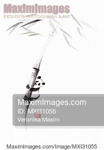 Cute panda climbing a bamboo tree Japanese Zen Sumi-e...... preview image