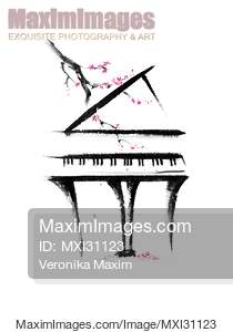 Grand piano with a branch of sakura blossom artistic sumi-e...... preview image