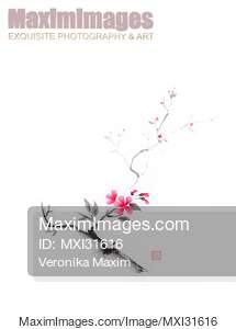 Oriental sumi-e ink painting of a sakura branch with pink...... preview image