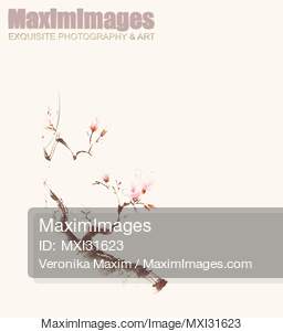 Gentle sumi-e design of a blossoming sakura branch with...... preview image