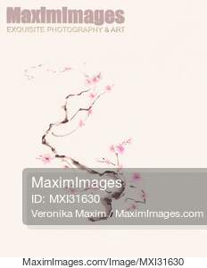 Delicate curvy sakura branch with gentle pink blossoms sumi-e artwork... preview image