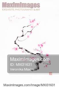 Delicate curvy cherry blossom branch with gentle pink...... preview image