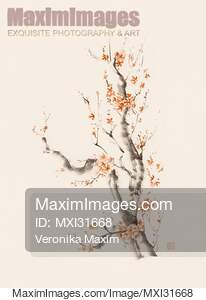 Bushy sakura branch with many brown red flowers oriental sumi-e design... preview image