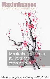 Bright bushy sakura tree with pink and red flowers sumi-e ink painting... preview image