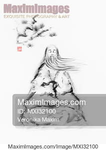 Old Daoist sage wise master meditating under a pine branch...... preview image