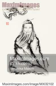 An old sage meditating under pine branch with a delighted...... preview image