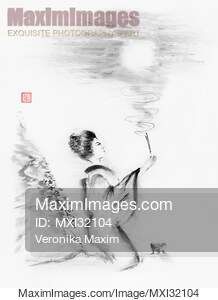 Japanese woman burning incense under full moon... preview image