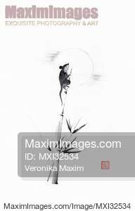 Cute sumi-e painting of a little moon-gazing mouse on bamboo... preview image