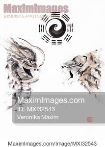 Sumi-e Daoist painting of the Tiger and the Dragon under...... preview image