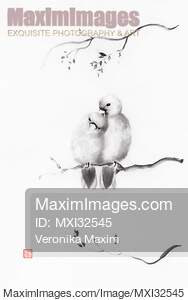 Two Love birds cuddling on a branch sumi-e Zen painting... preview image