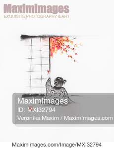 Sumi-e painting of a cute little Japanese girl sitting by...... preview image
