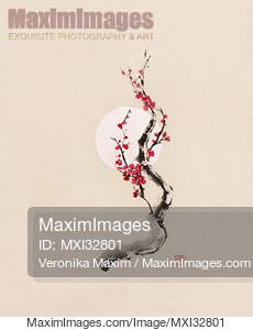 Fine art Illustration of plum blossom oriental sumi-e Zen painting... preview image