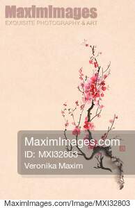 Japanese sumi-e ink painting of an iconic plum blossom...... preview image