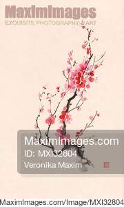 Fine art Sumi-e painting of Japanese plum tree blossom or...... preview image