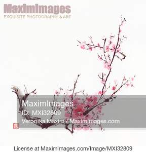 Bushy sakura branch with pink flowers Chinese Zen brush painting... preview image