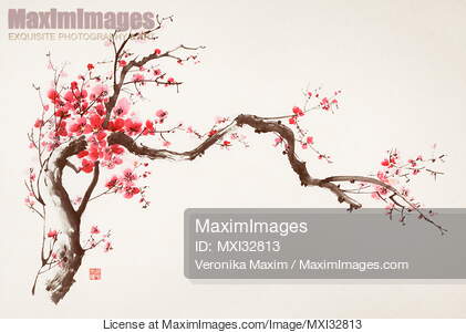 Fine art Zen Sumi-e painting of a crooked blossoming sakura...... preview image