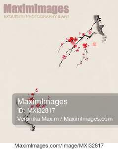 Two beautiful Sakura branches with red blossoms reaching...... preview image