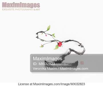 Zen sumi-e painting of a dreamy bonsai sakura tree with a red flower... preview image