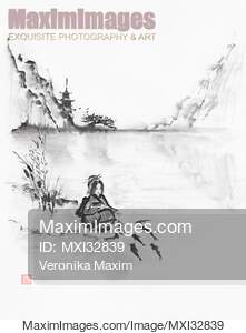 Zen ink painting of a Japanese peasant girl by the pond...... preview image