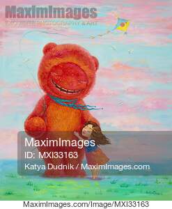 Little girl hugging a huge red fuzzy teddy bear with a kite...... preview image