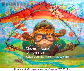 Little girl adventurer in goggles piloting a hang glider in...... preview image