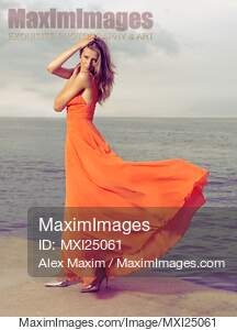 Beautiful Woman in Orange dress on Sea Shore... preview image