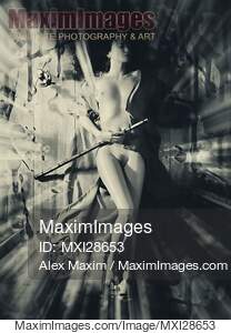 Abstract artistic nude photo of beautiful naked woman in with flute... preview image