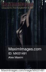 Beautiful half nude asian woman leaning against a bamboo in...... preview image