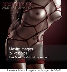 Beautiful nude woman body with shiny skin tied with red...... preview image