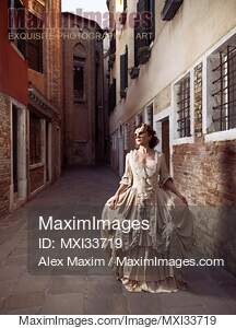 Beautiful Venetian lady in vintage dress and carnival mask...... preview image