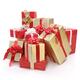Pile of Christmas gifts wrapped in red and gold... (thumbnail)