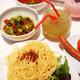 Pasta lunch on cafe table... (thumbnail)