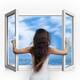 Woman opening window with view on sea... (thumbnail)