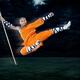 Shaolin warrior monk performing flying kick with a staff... (thumbnail)