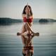 Woman doing sitting variation of yoga Eagle pose on the water... (thumbnail)